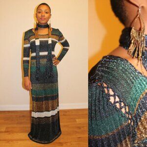 70's Vintage Ian Peters Metallic Lurex Knit Dress w/ Scarf
